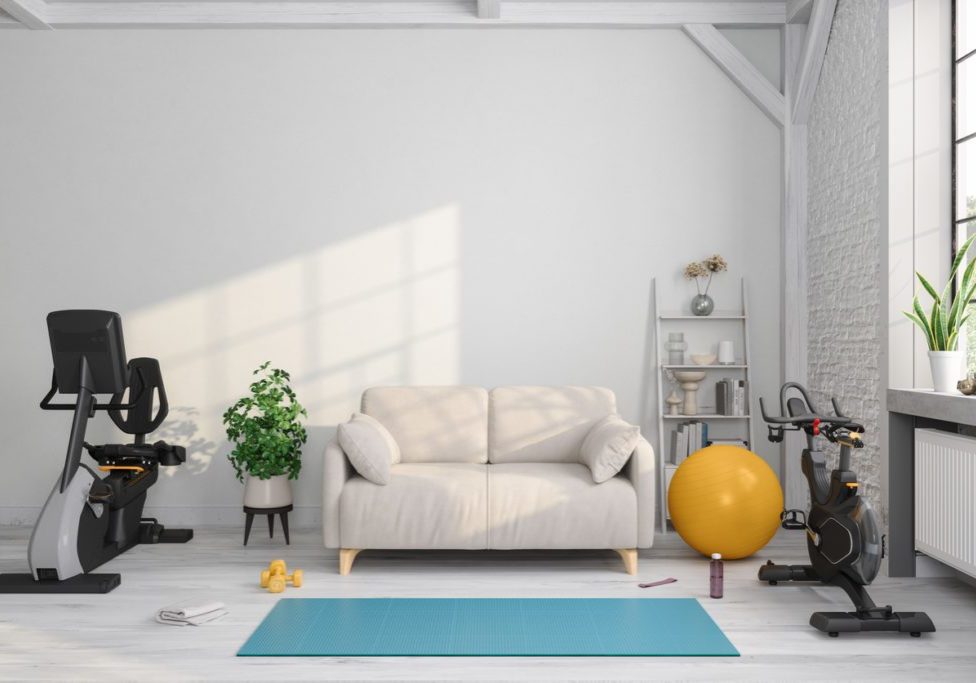 Training At Home With Exercise Bike, Fitness Ball And Exercise Mat. Living Room Interior With Sofa And Sports Equipment